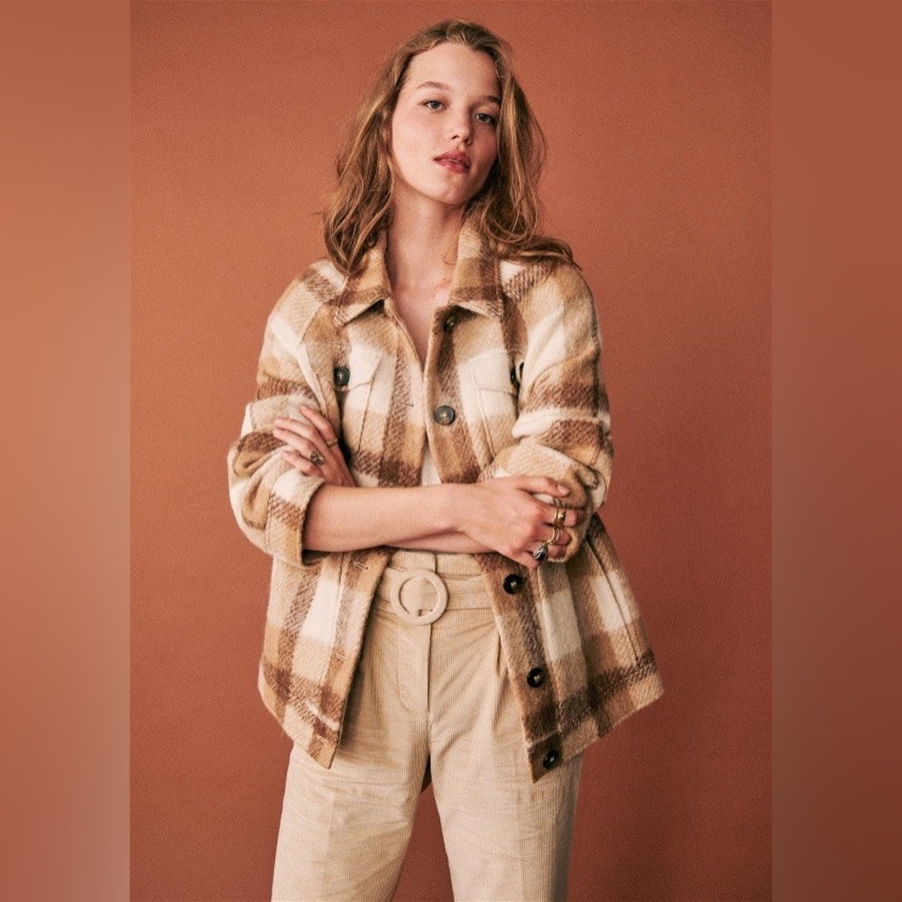 Sezane Alda Brown and Cream Plaid Jacket FR 36/US 4 - Picture 2 of 15
